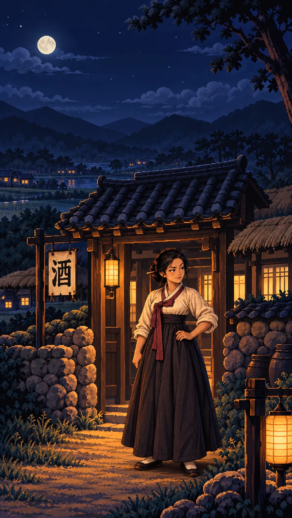 The innkeeper at the tavern gate at night