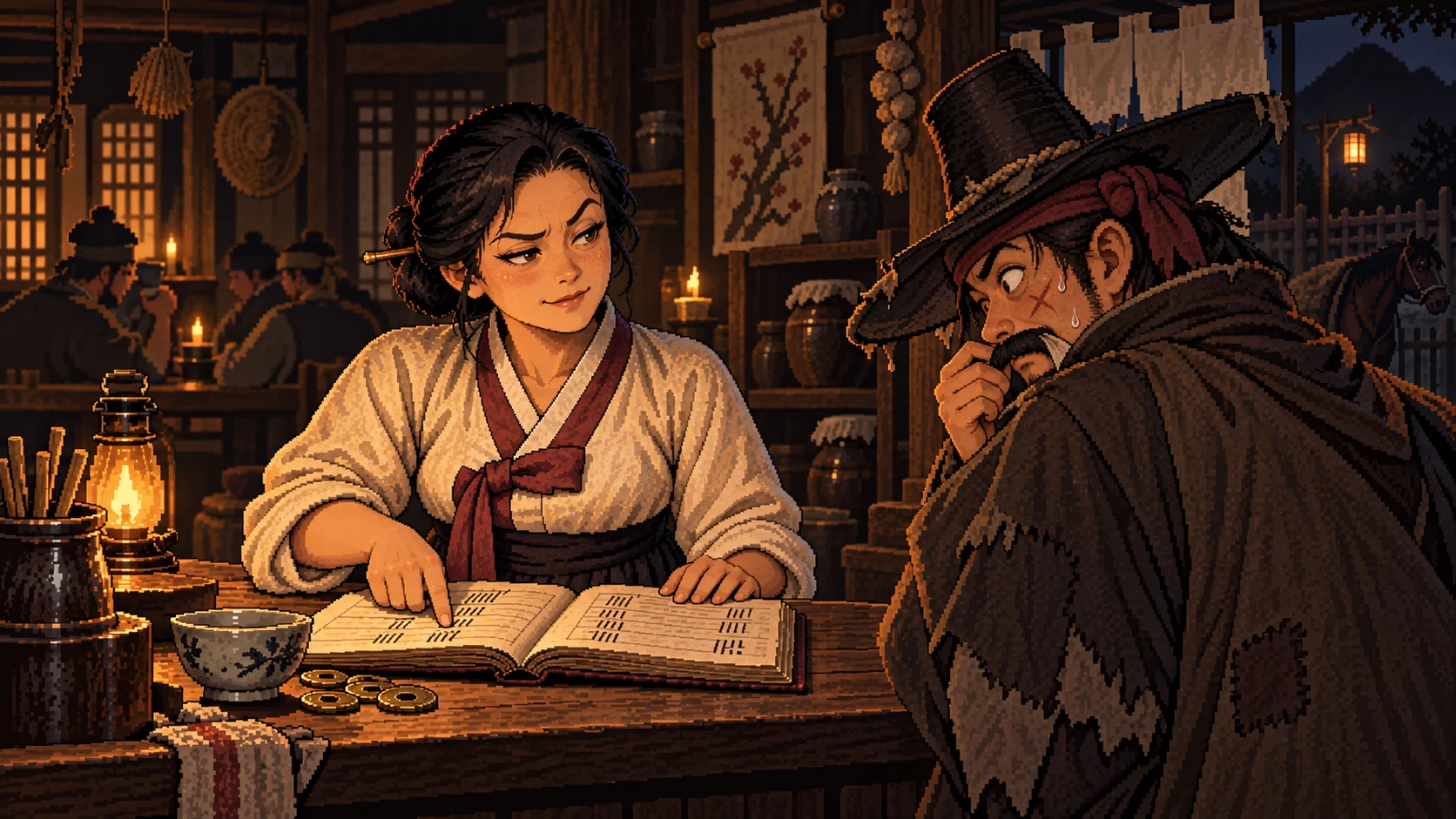 The innkeeper with her open ledger