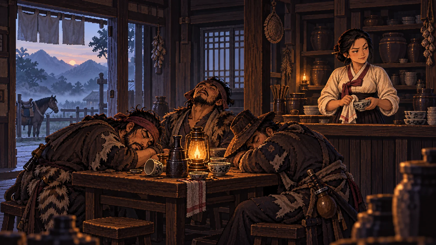 Bandits asleep on the table at dawn while the innkeeper tidies up