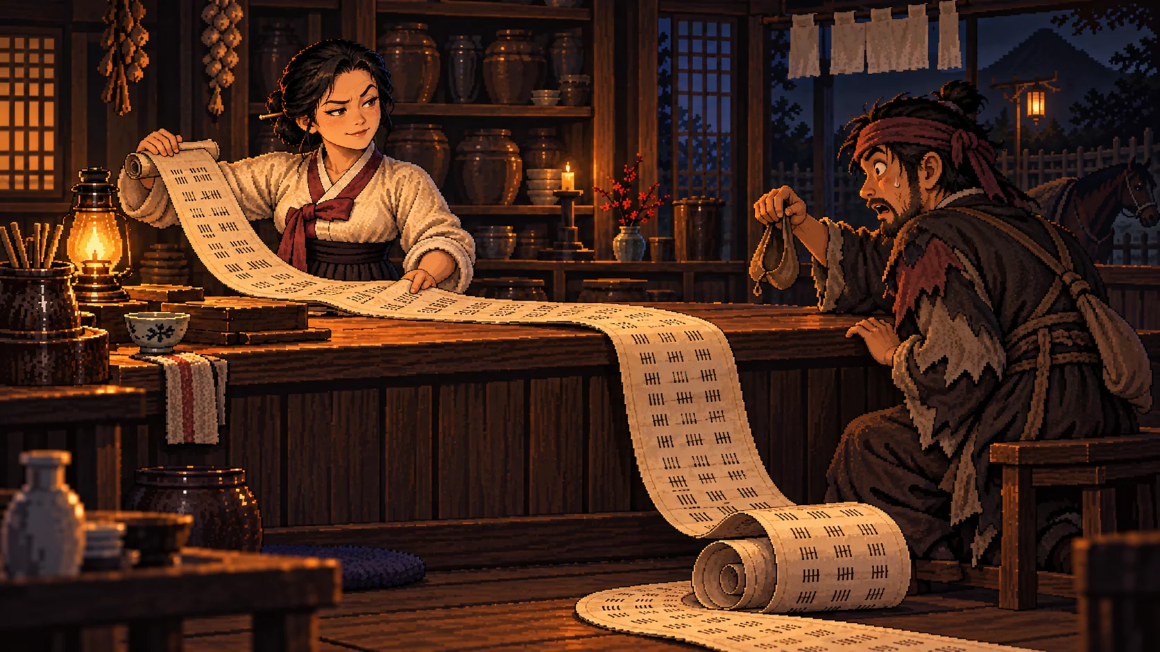 The innkeeper unrolling a very long tab