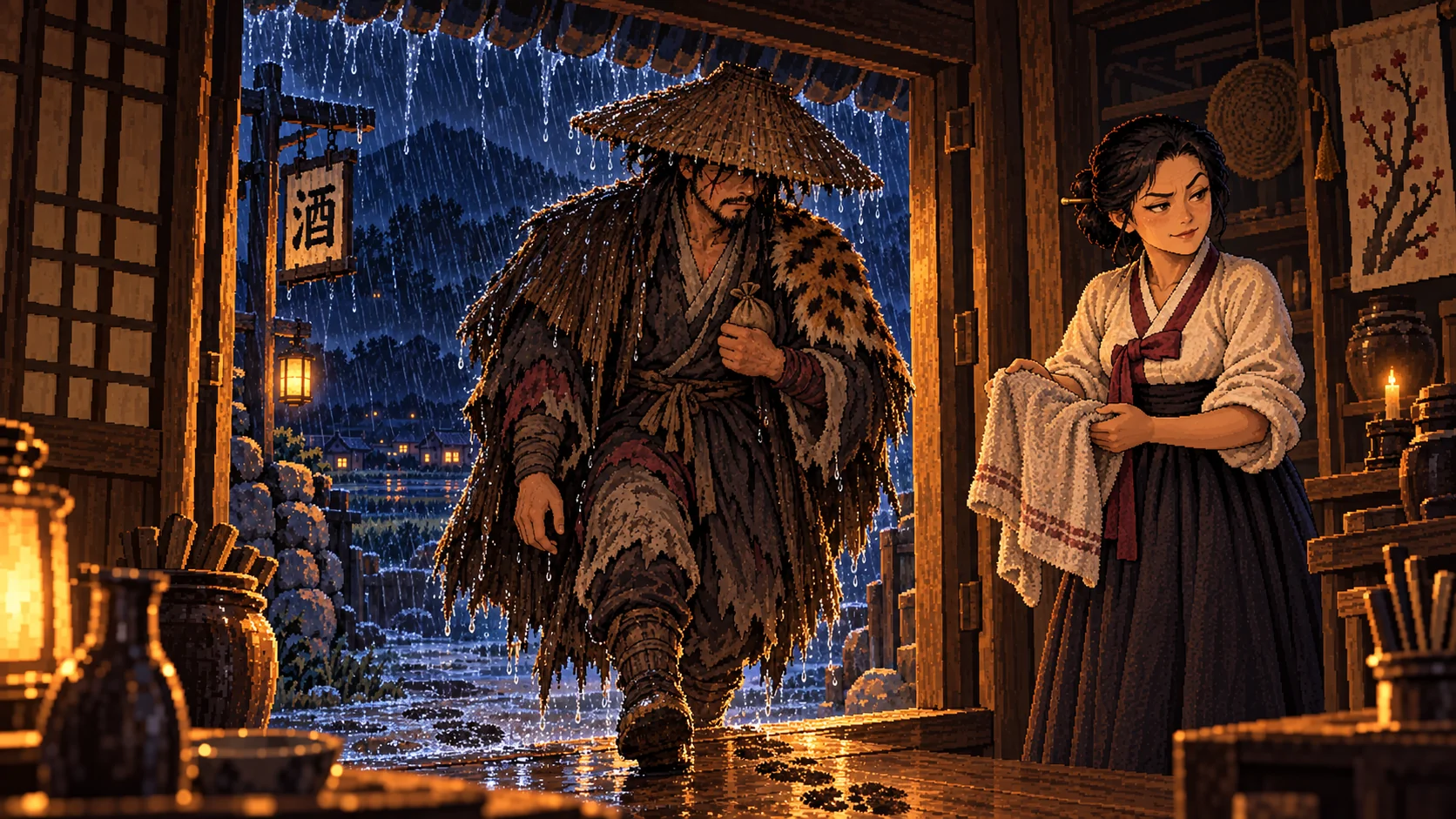 A stranger in a rain cape stepping in; the innkeeper holds out a towel