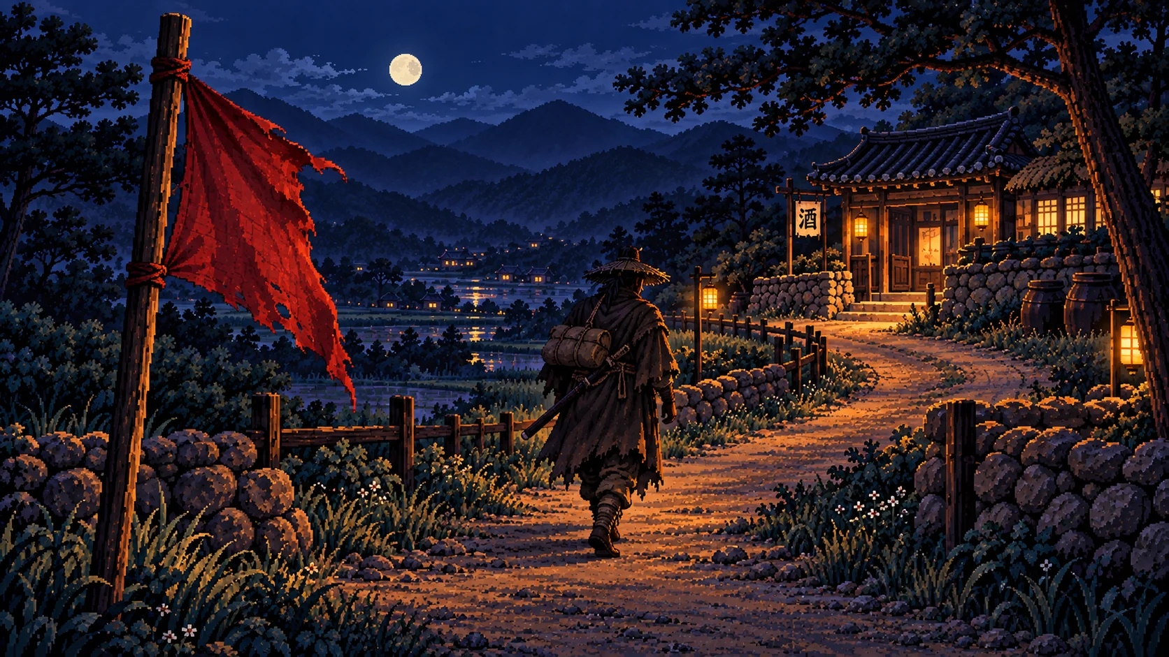 A lone traveller walking a moonlit road toward the tavern
