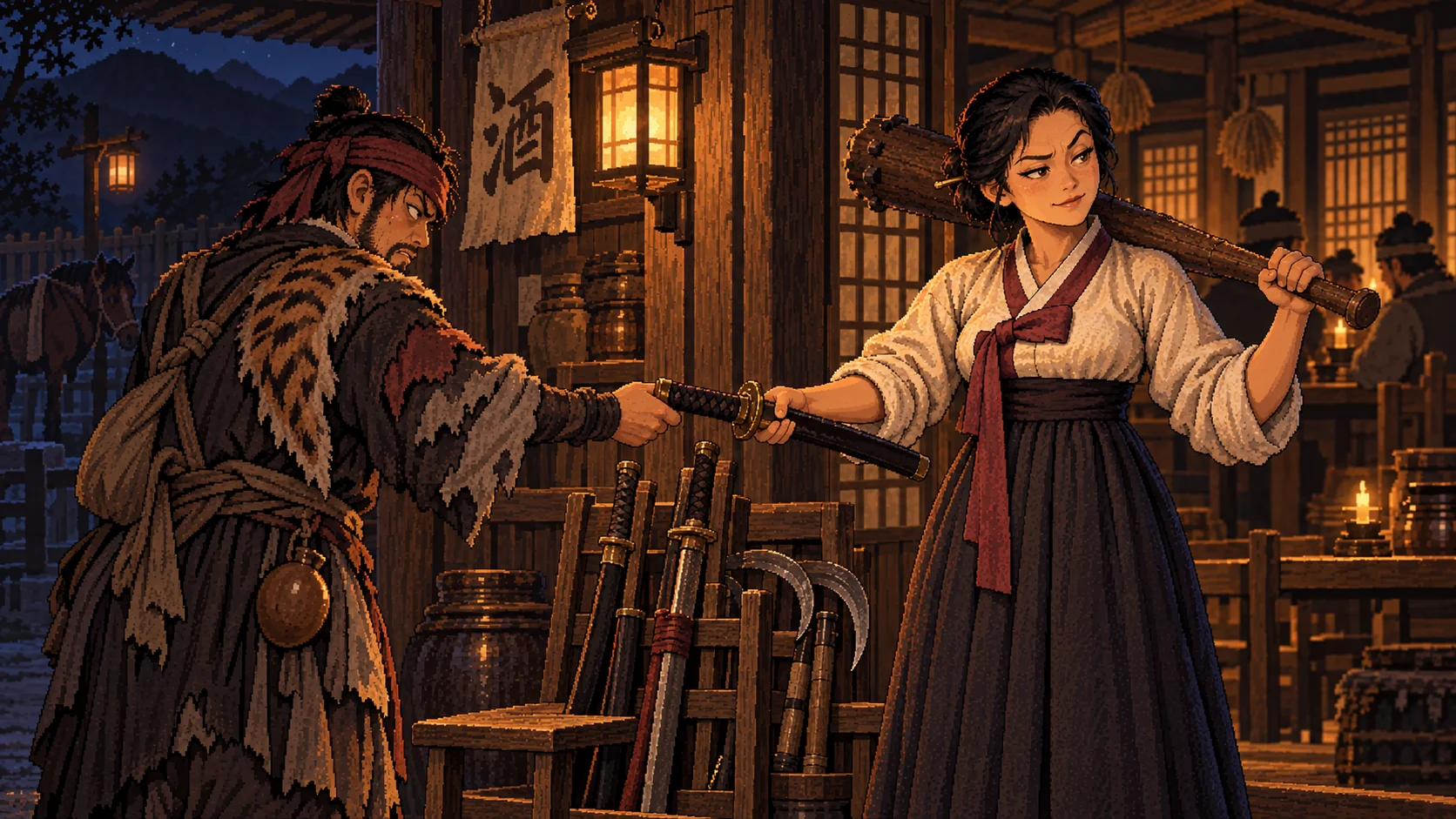 The innkeeper collecting weapons by the chair